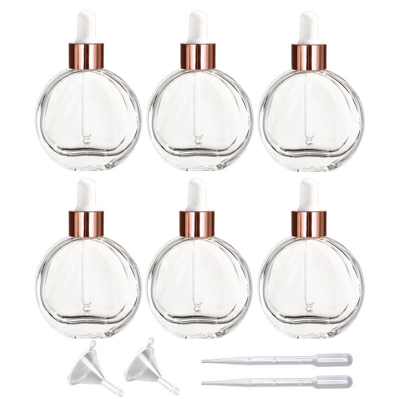 PYAWI 6Pcs 2 oz Glass Dropper Bottles for Essential Oils 60ml Clear flat round perfume bottle with Droppers for Oils  Perfumes  Serums Leakproof for Travel (Clear/Rose Gold) - Image 1